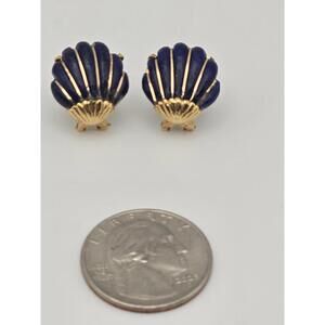 14k Gold Lapis Lazuli Seashell Earrings Vintage Nautical